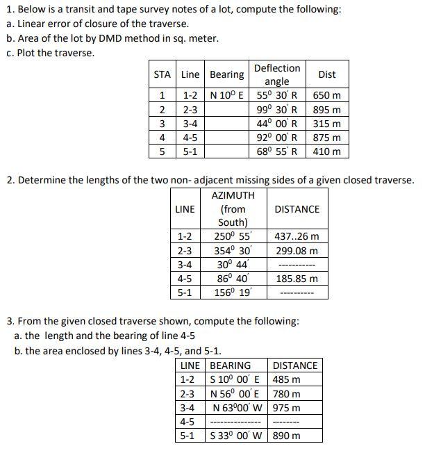 Solved 1. Below is a transit and tape survey notes of a lot, | Chegg.com