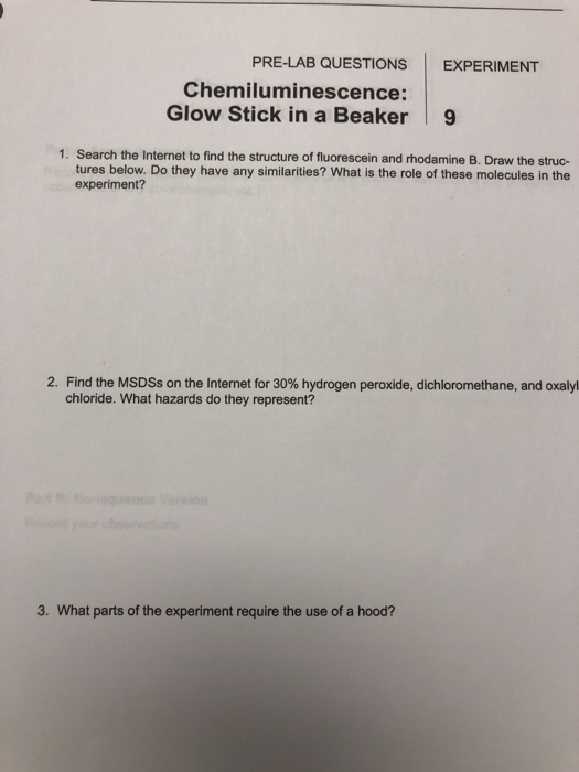 Solved PRELAB QUESTIONS Chemiluminescence Glow Stick in a