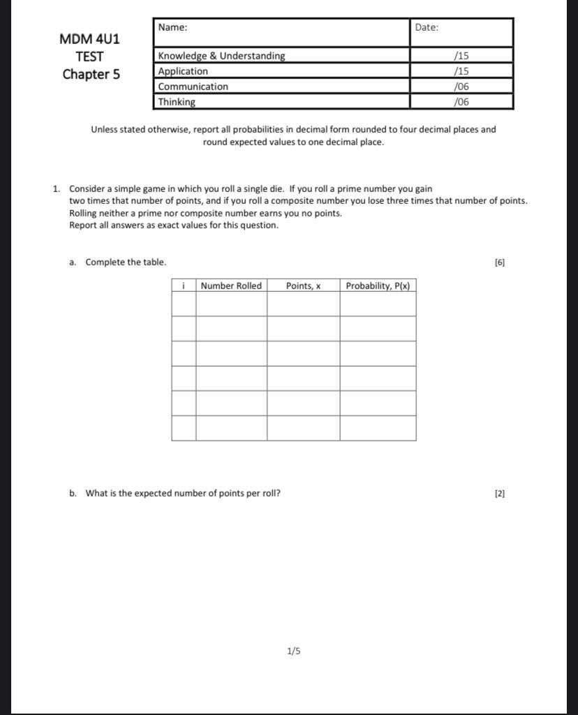 Solved Name: Date: MDM 401 TEST Chapter 5 Knowledge & | Chegg.com