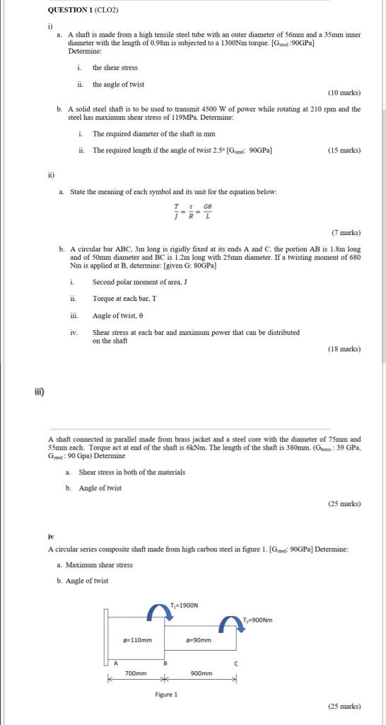 Solved QUESTION 1 (CLO2) i) a. A shaft is made from a high | Chegg.com