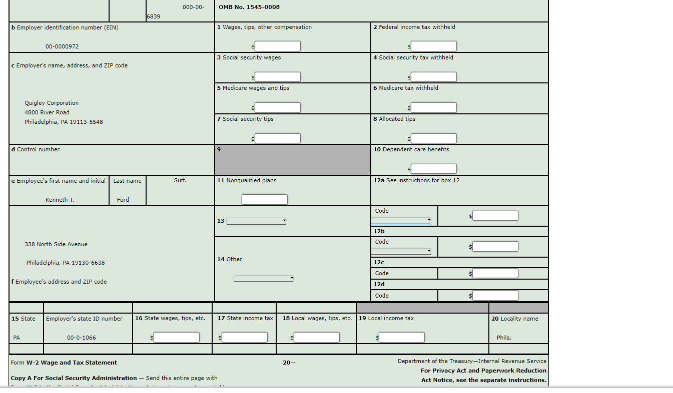 See example of Kelly B. Roach's completed Form W-2