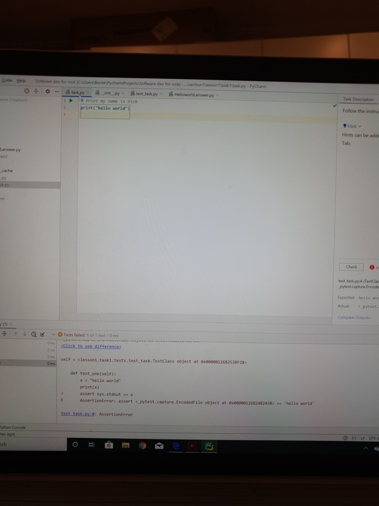 Code Help 3 Software dev for nick ICAUserBente Pycharm Projects Software dev for nicks section tesson Task Tsk.py - PyCharm 0