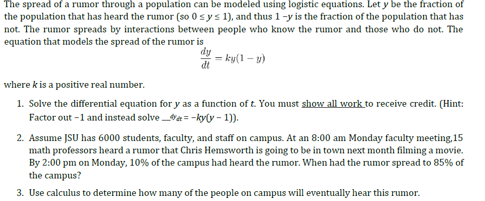 Solved The spread of a rumor through a population can be | Chegg.com