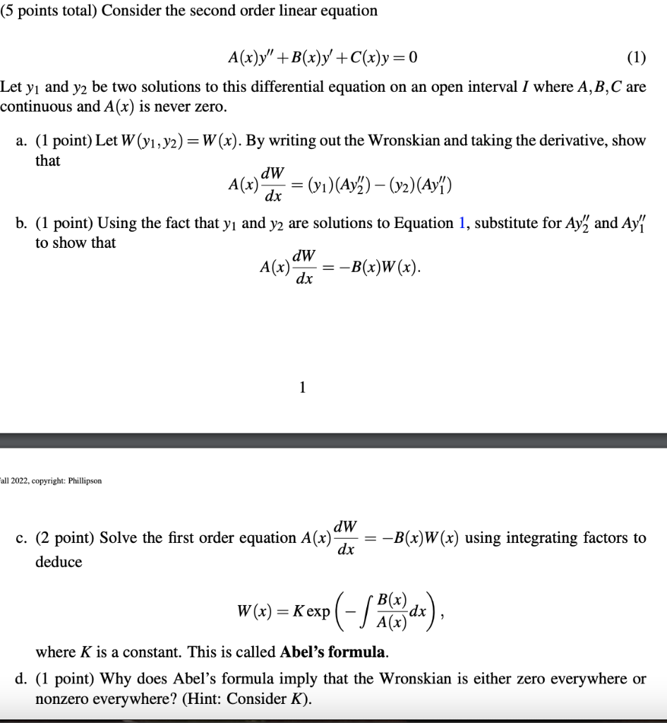 Solved (5 Points Total) Consider The Second Order Linear | Chegg.com