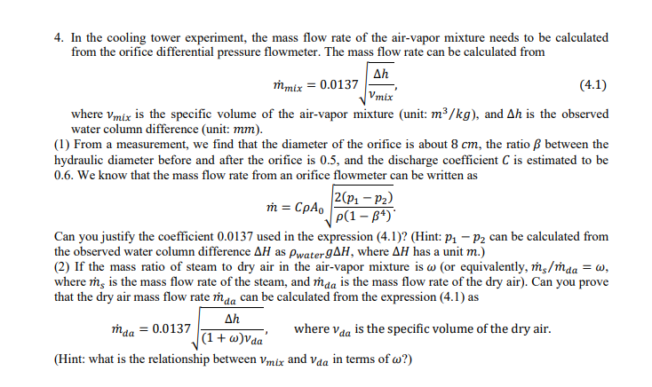 4. In the cooling tower experiment, the mass flow | Chegg.com