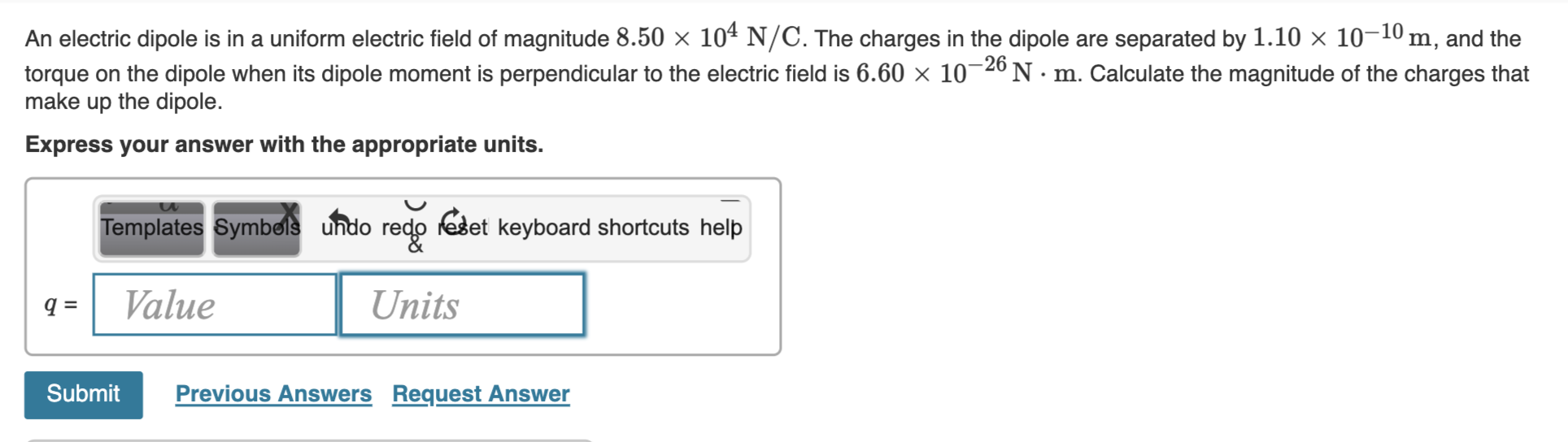 Solved An electric dipole is in a uniform electric field of | Chegg.com