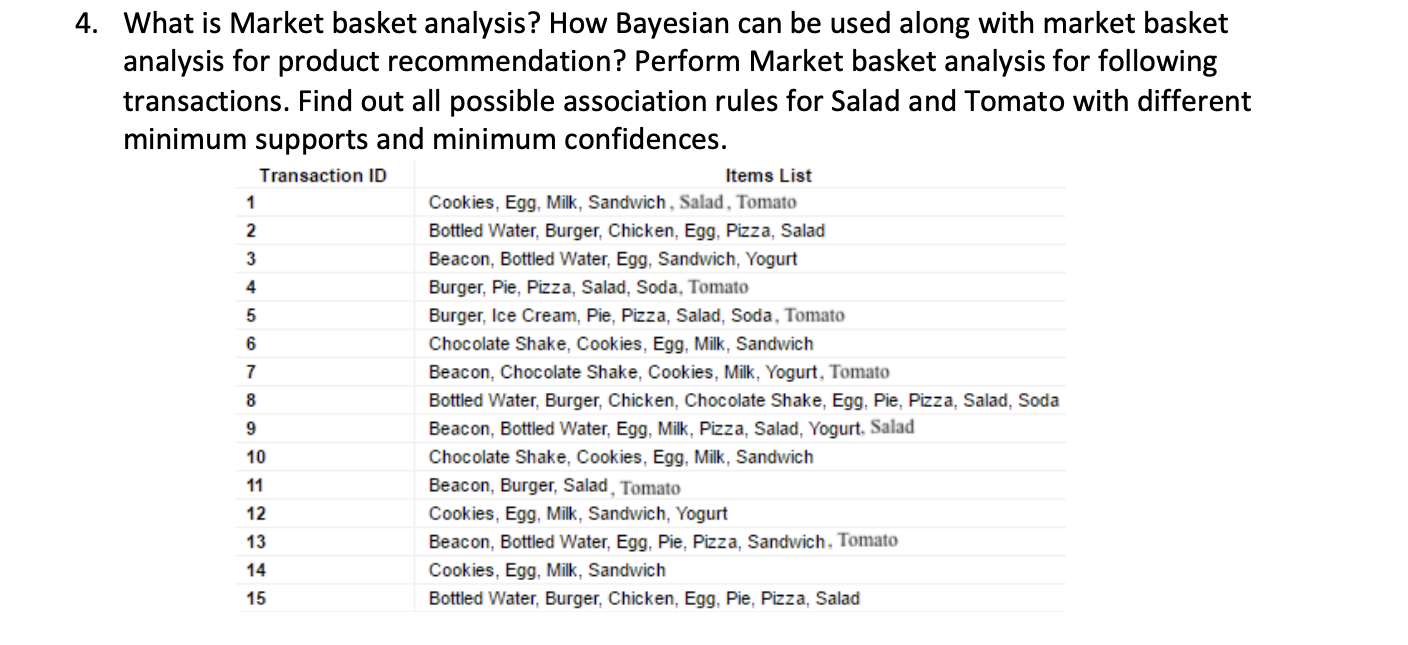 Solved 4. What is Market basket analysis? How Bayesian can
