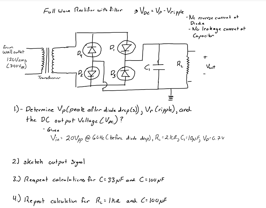 Solved Full wove Rectifier with filter →VDC=Vp−Vripple - Ne | Chegg.com