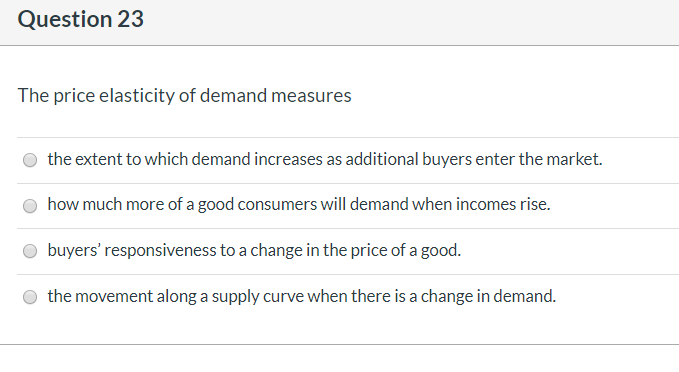 Solved Question 23 The Price Elasticity Of Demand Measures Chegg Com