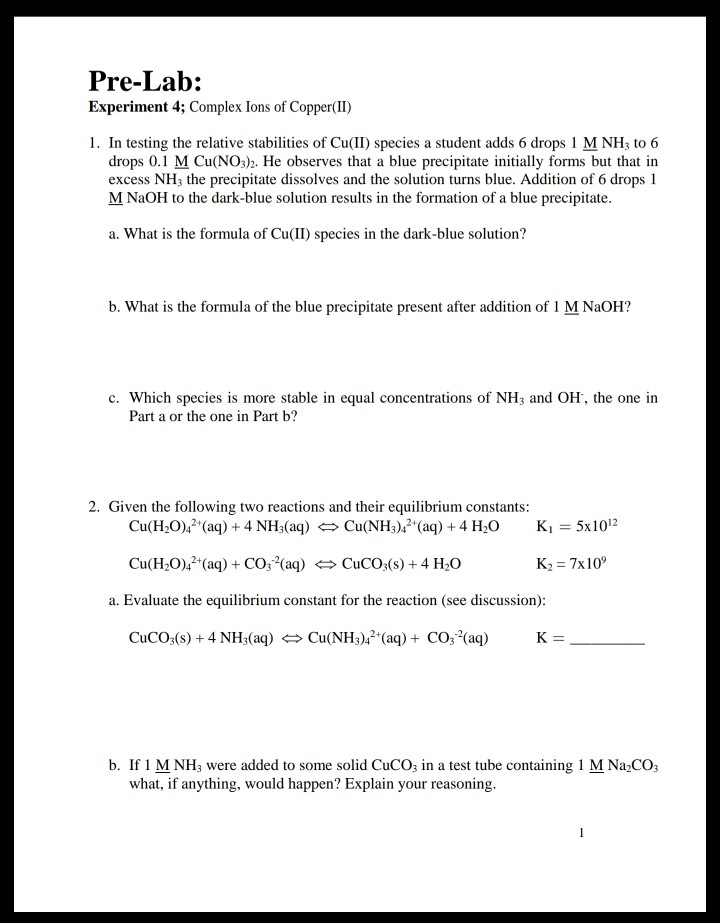 Solved Pre-Lab: Experiment 4; Complex Ions of Copper(II) 1. | Chegg.com