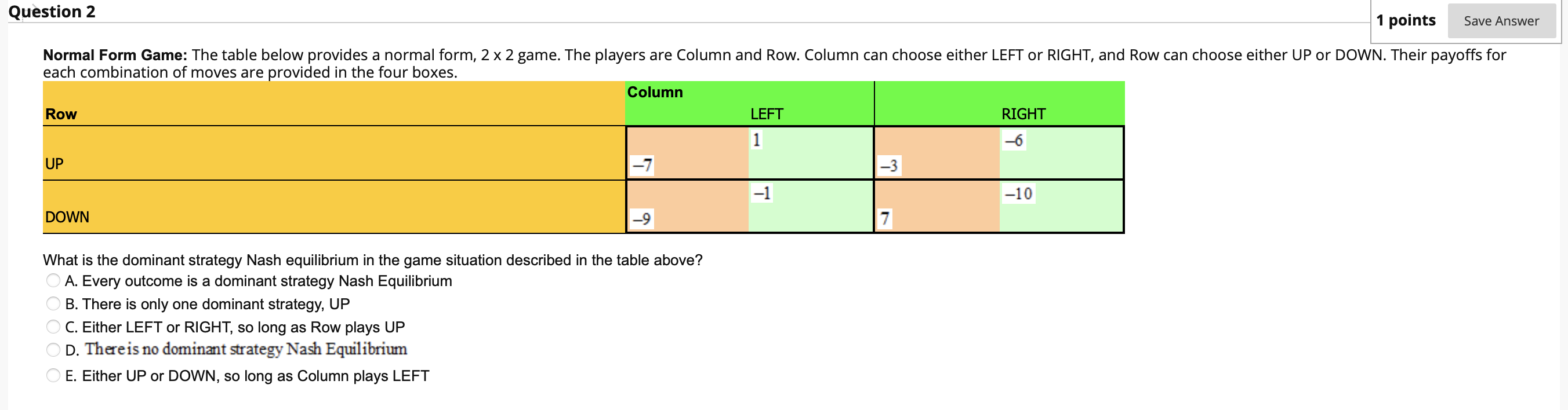 Solved Question 2 1 points Save Answer Normal Form Game: The | Chegg.com