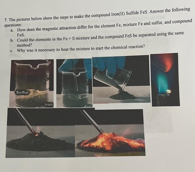 7. The pictures below show the steps to make the compound Iron(II) Sulfide FeS. Answer the following questions:
a. How does t