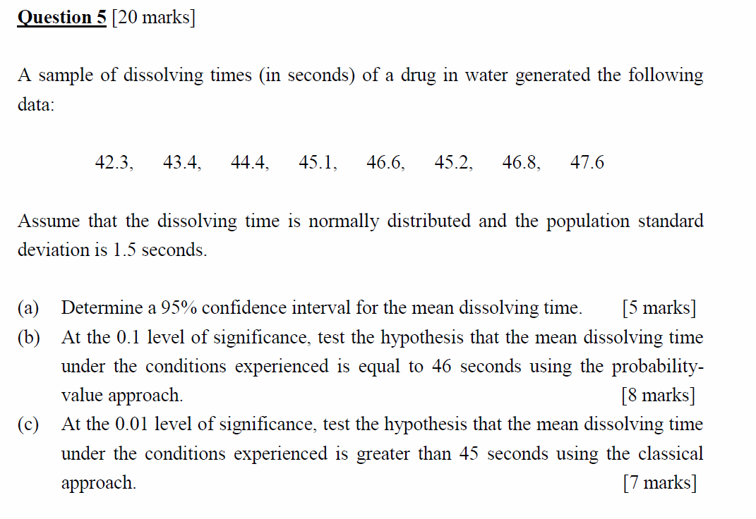 Solved Question 5 [20 Marks] A Sample Of Dissolving Times | Chegg.com