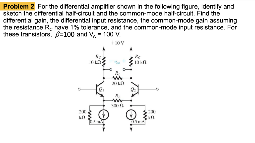 Solved Problem 2: For the differential amplifier shown in | Chegg.com
