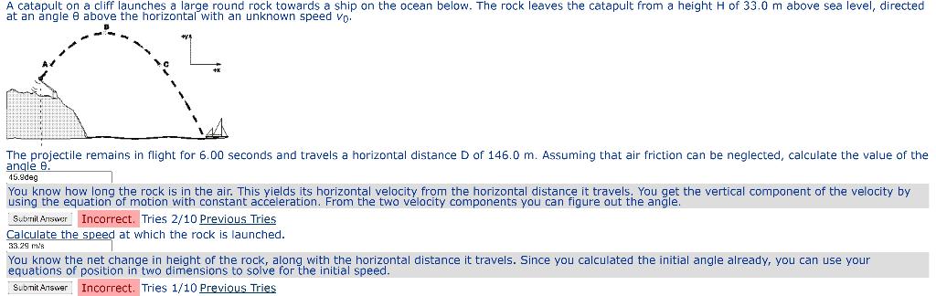 Solved A catapult on a cliff launches a large round rock | Chegg.com