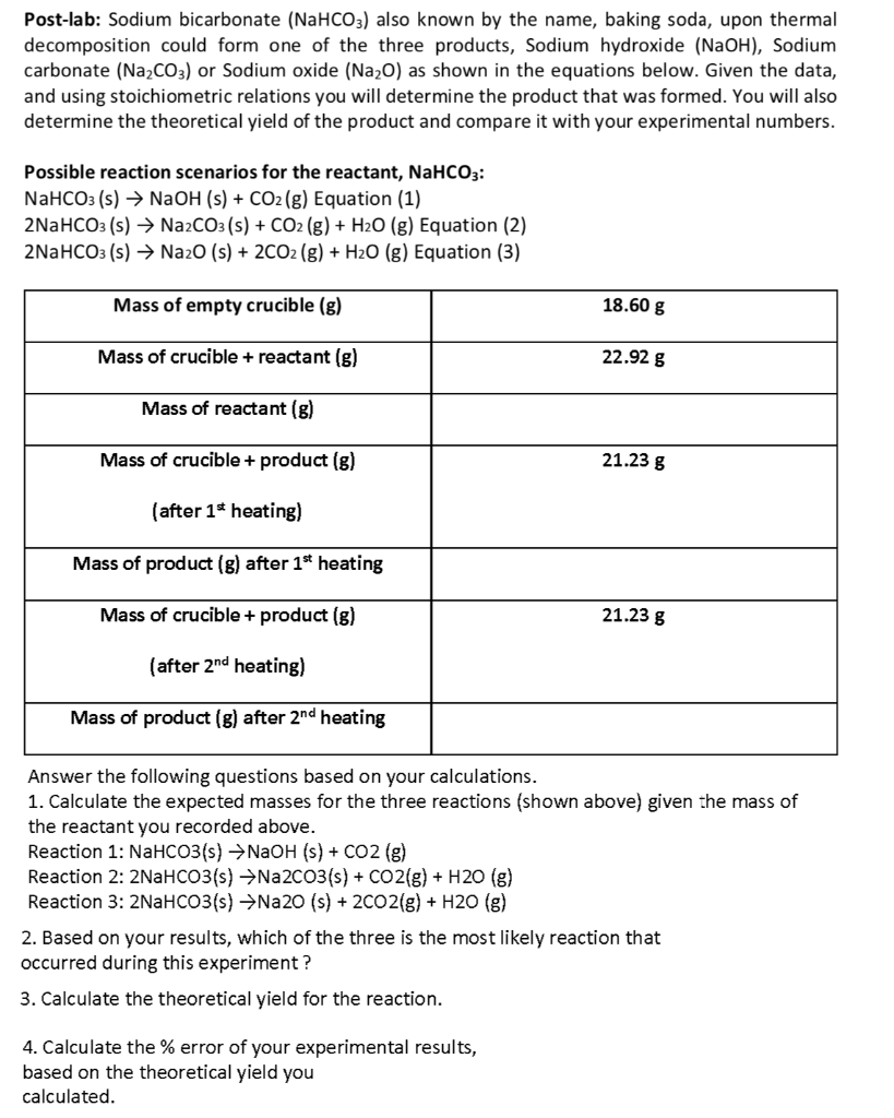 Solved Postlab Sodium bicarbonate (NaHCO3) also known by