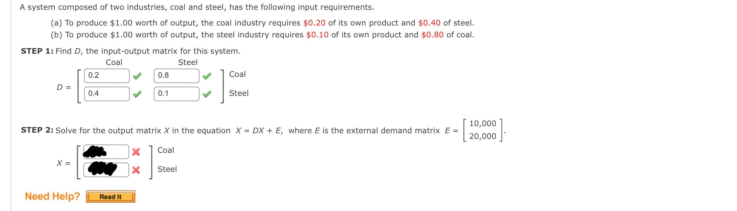 Solved A system composed of two industries, coal and steel, | Chegg.com