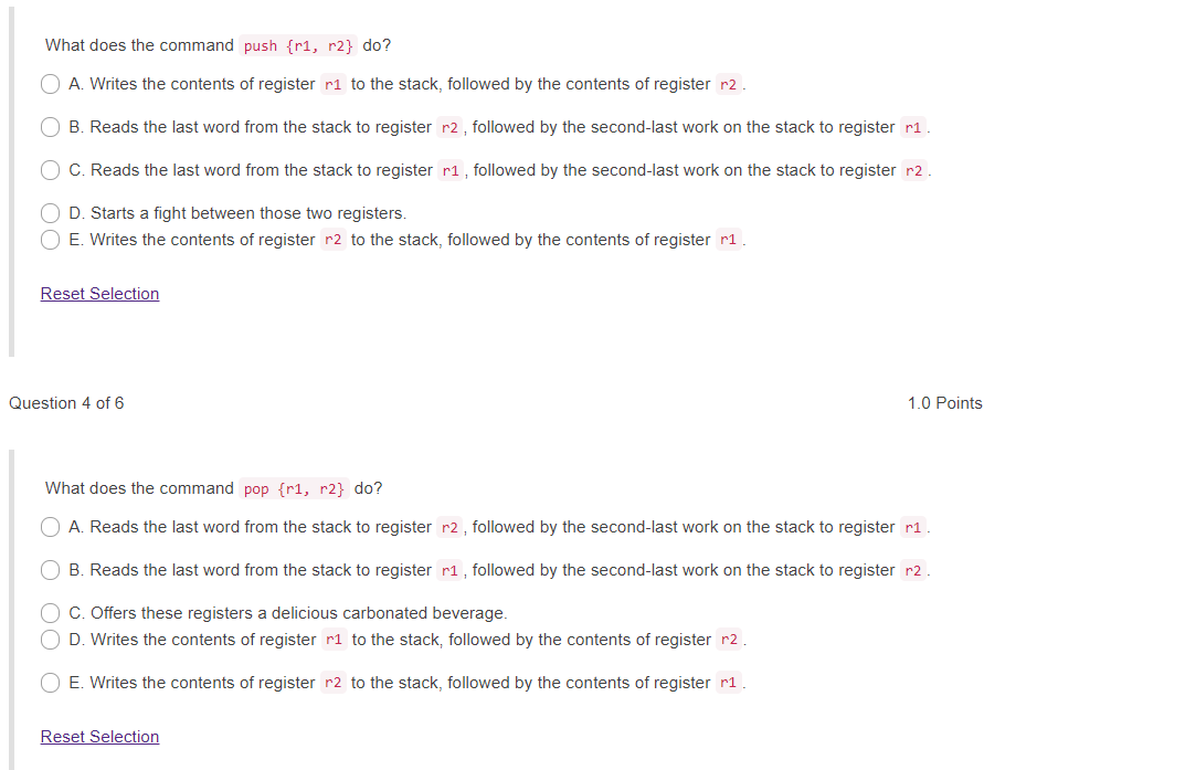 Solved What does the command push {ri, r2} do? O A. Writes | Chegg.com