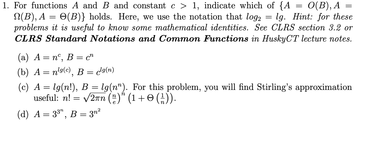 Solved For functions A and B and constant c>1, indicate | Chegg.com