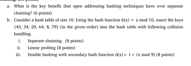 Open Addressing Method Solved a. What is the key benefit that open addressing | Chegg.com