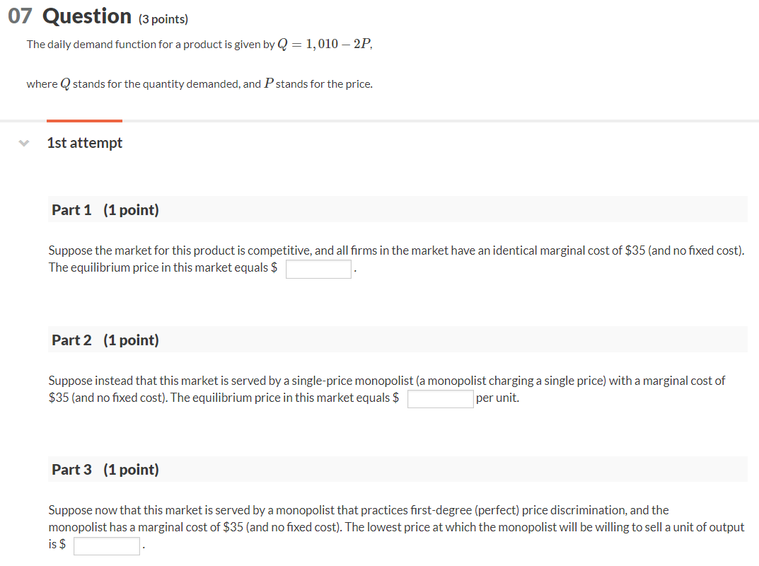 Solved 07 Question (3 points) The daily demand function for | Chegg.com