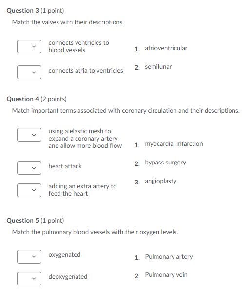 Solved Question 3 (1 point) Match the valves with their | Chegg.com