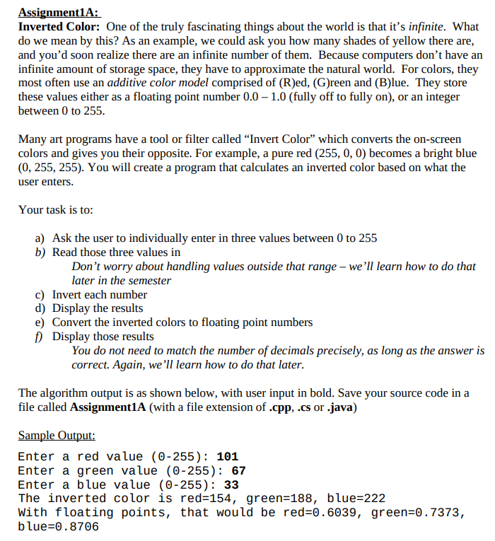 Solved Assignment1A: Inverted Color: One of the truly