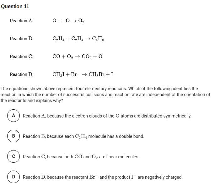 Solved Question 11 Reaction A: 0 + 0 + 02 Reaction B: C2H4 + | Chegg.com