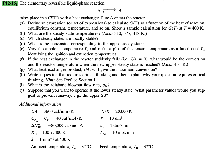 Solved = P12-165 The elementary reversible liquid-phase | Chegg.com