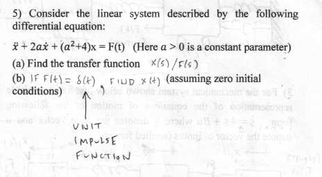 5) Consider the linear system described by the following differential equation:
\( \ddot{x}+2 a \dot{x}+\left(a^{2}+4\right)