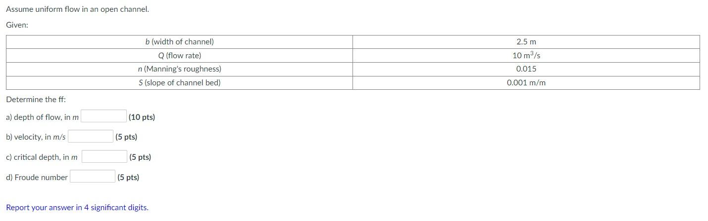 Solved Assume uniform flow in an open channel. Given: 2.5 m | Chegg.com