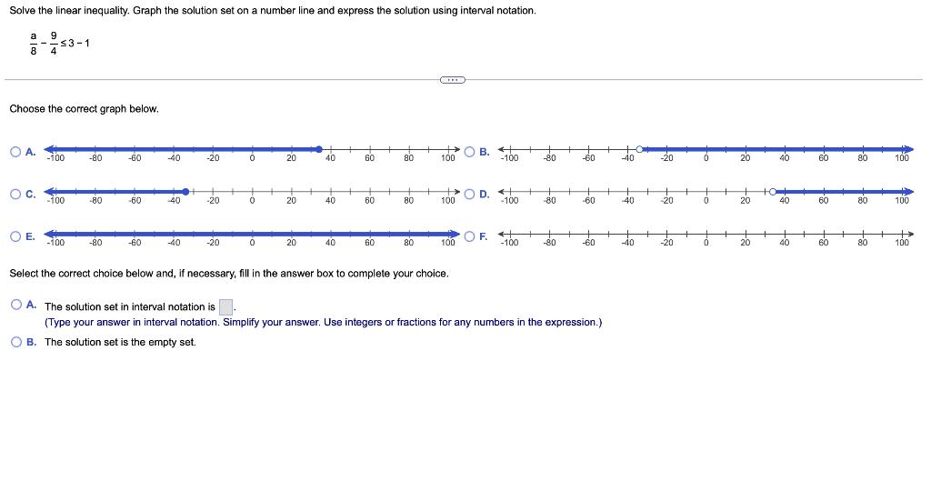 Solved 8a−49≤3−1 Choose the correct graph below. A. E. | Chegg.com