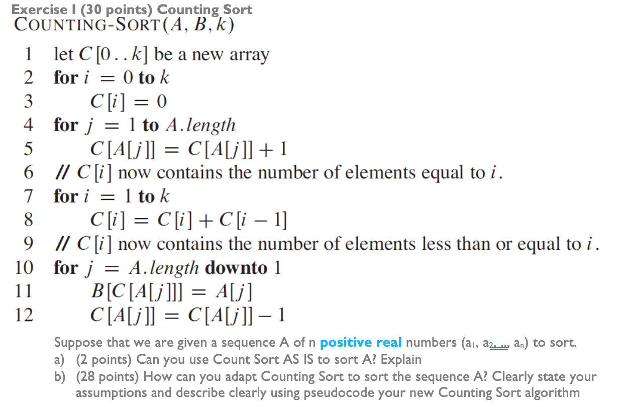 Solved Exercise I (30 points) Counting Sort COUNTING-SORT(A, | Chegg.com