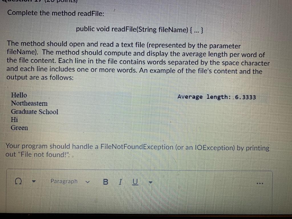 Solved Complete the method readFile: public void | Chegg.com