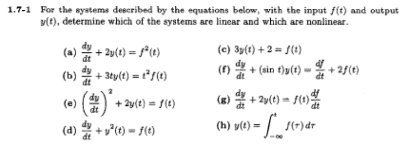 Solved 1.7-1 For the systems described by the equations | Chegg.com