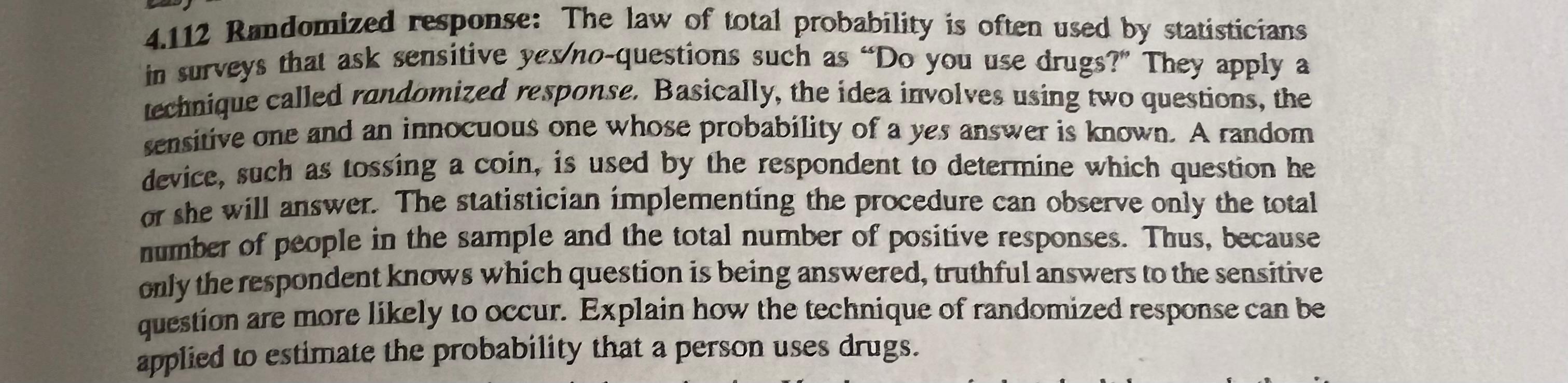Solved 4.112 Rundomized response: The law of total | Chegg.com