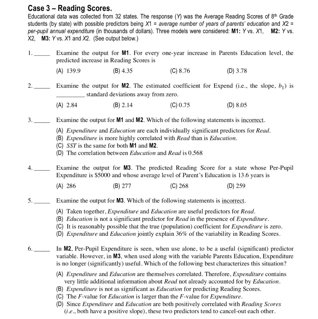 Solved Case 3-Reading Scores. Educational data was collected | Chegg.com