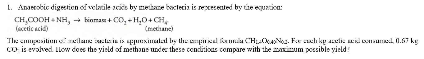 Solved 1. Anaerobic digestion of volatile acids by methane | Chegg.com