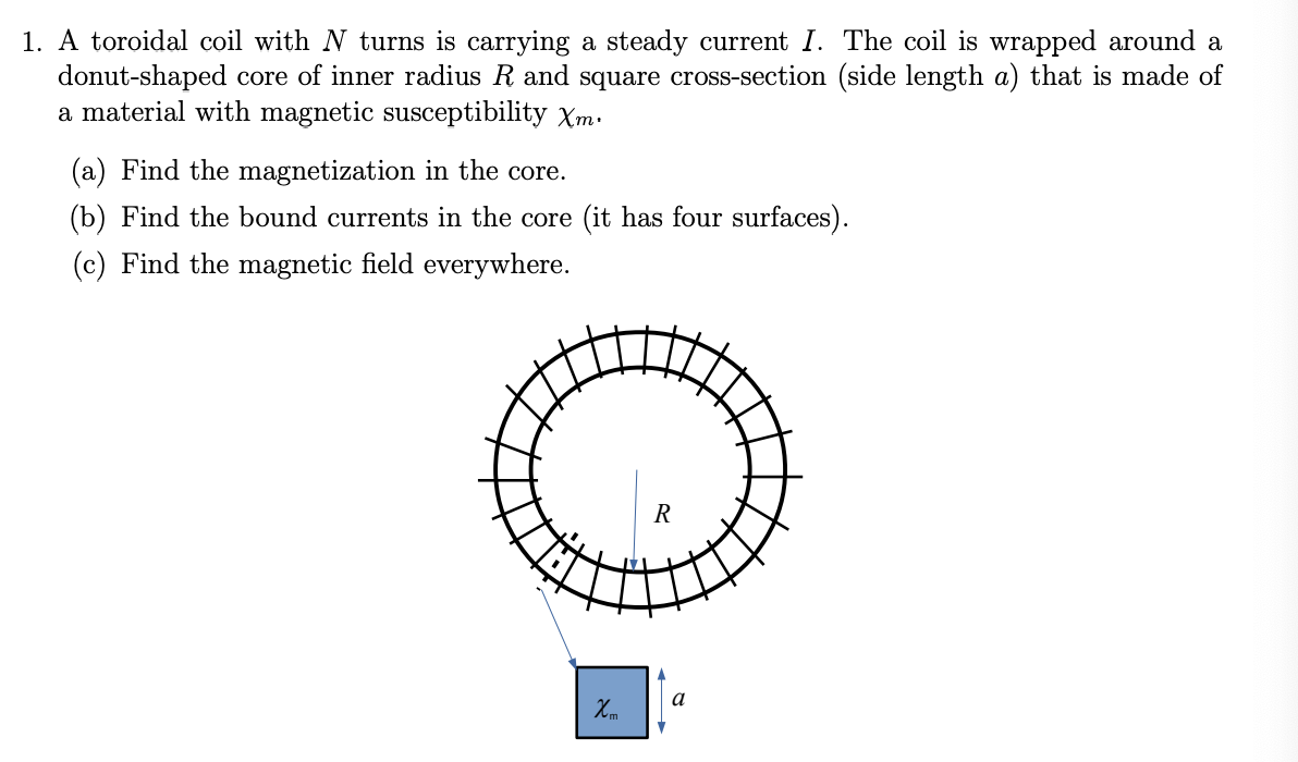 Solved 1. A toroidal coil with N turns is carrying a steady | Chegg.com