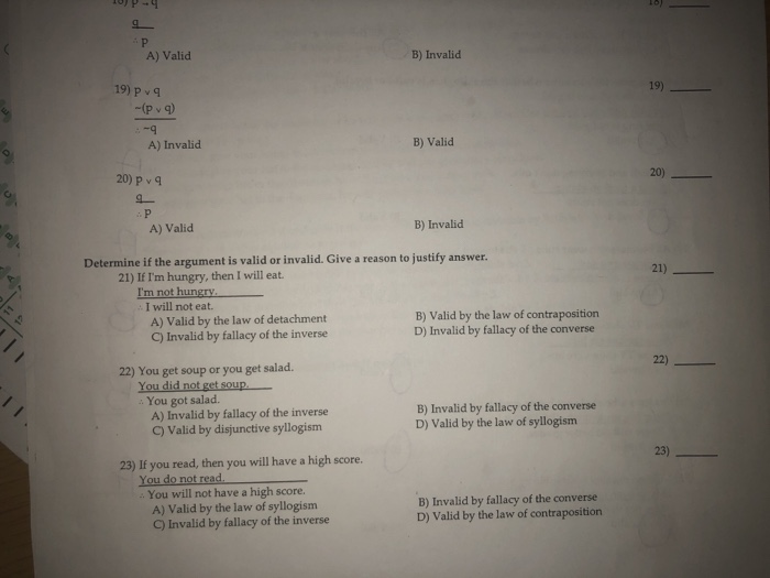 Solved A) Valid B) Invalid 19) P vq 19) -9 A) Invalid B) | Chegg.com