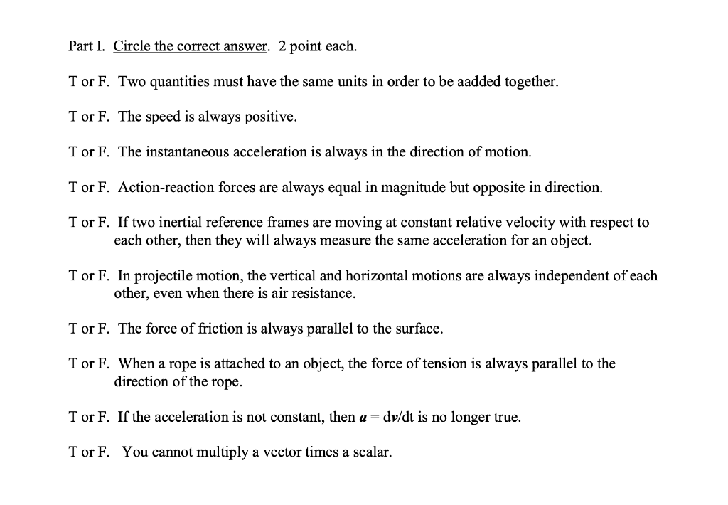 Solved Part I Circle The Correct Answer 2 Point Each T Chegg Com