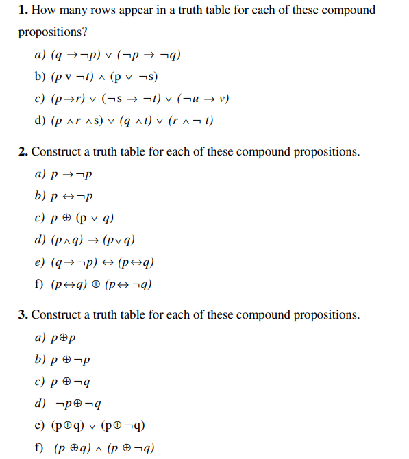 1. How many rows appear in a truth table for each of these compound propositions?
a) \( (q \rightarrow \neg p) \vee(\neg p \r