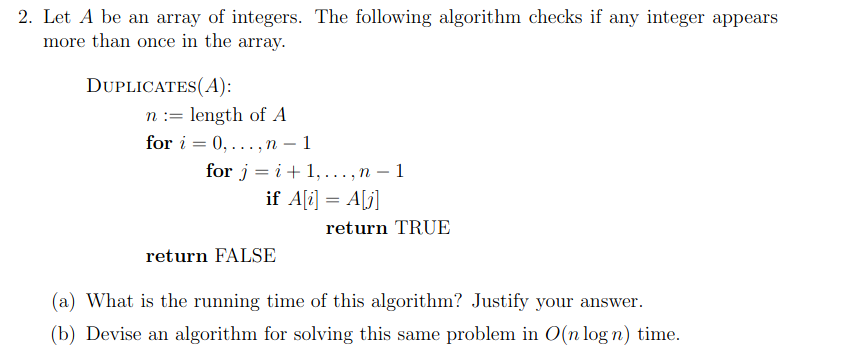 Solved 2. Let A be an array of integers. The following | Chegg.com