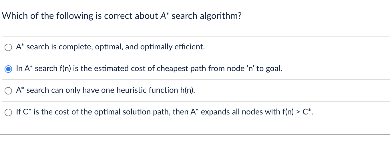Solved Which of the following is correct about A∗ search | Chegg.com