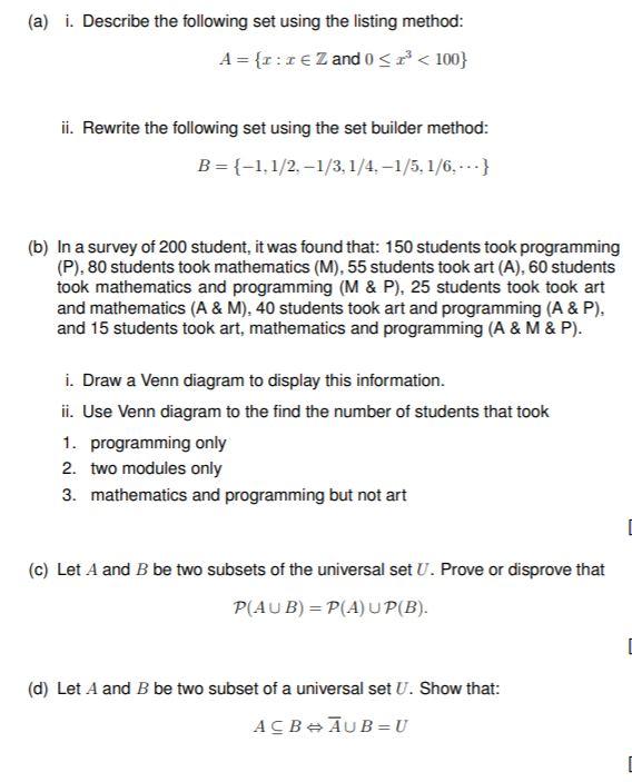 Solved (a) i. Describe the following set using the listing | Chegg.com