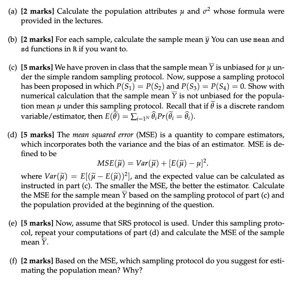 Solved 1. Consider The Population P = {1,2,3,4} With | Chegg.com