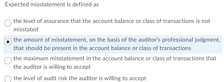 Solved Expected Misstatement Is Defined As The Level Of | Chegg.com