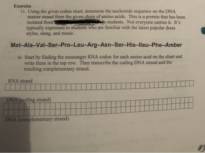 Solved Exercise 15. Using the given codon chart, determine | Chegg.com