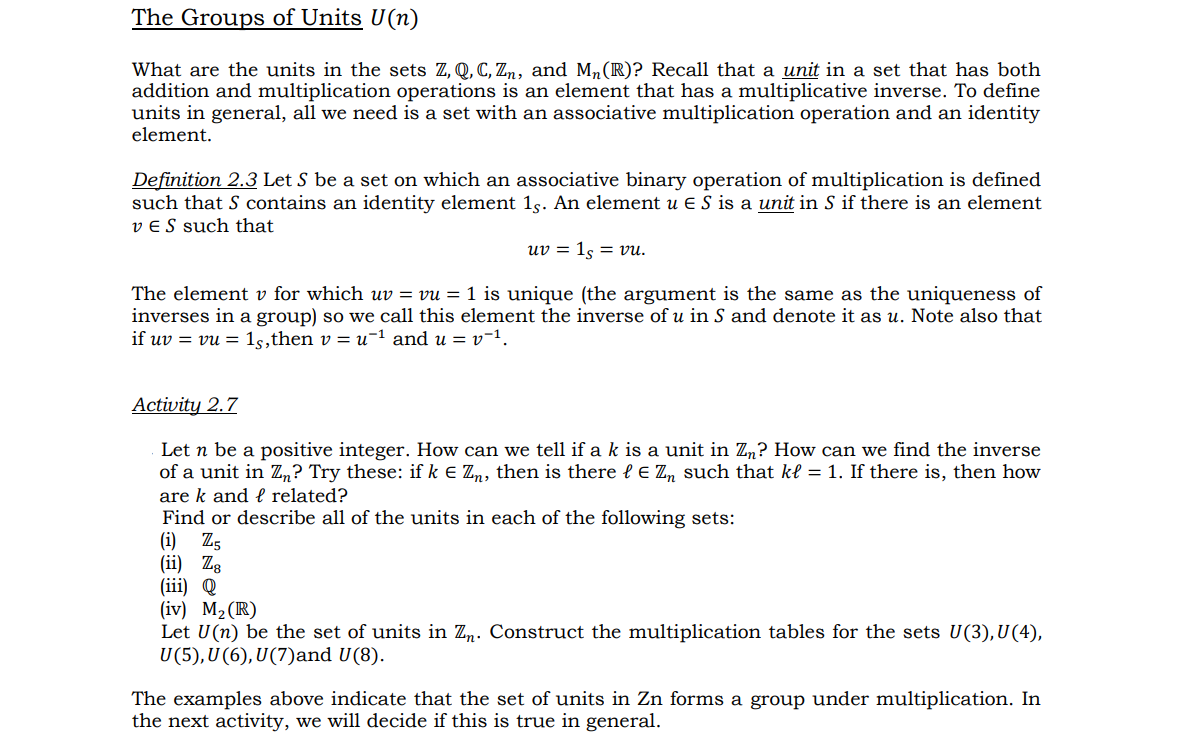 Solved The Groups Of Units U N What Are The Units In The Chegg Com