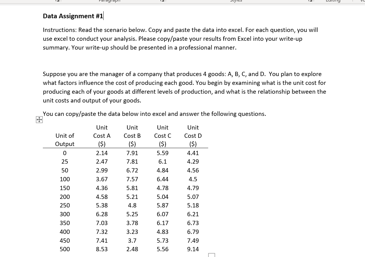 Solved Data Assignment #1 Instructions: Read the scenario | Chegg.com